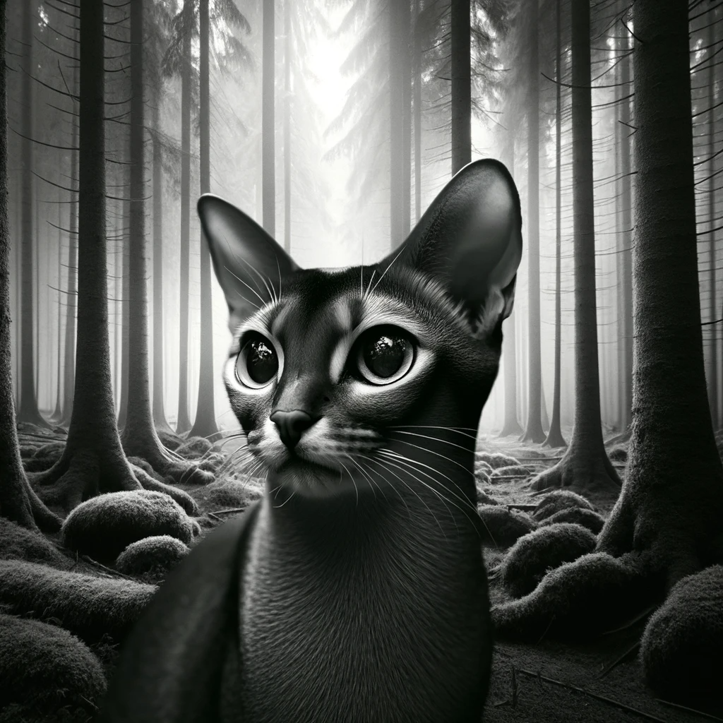 AI-generated image of a Abyssinian cat inspired by Taylor Swift's "Folklore" album cover.