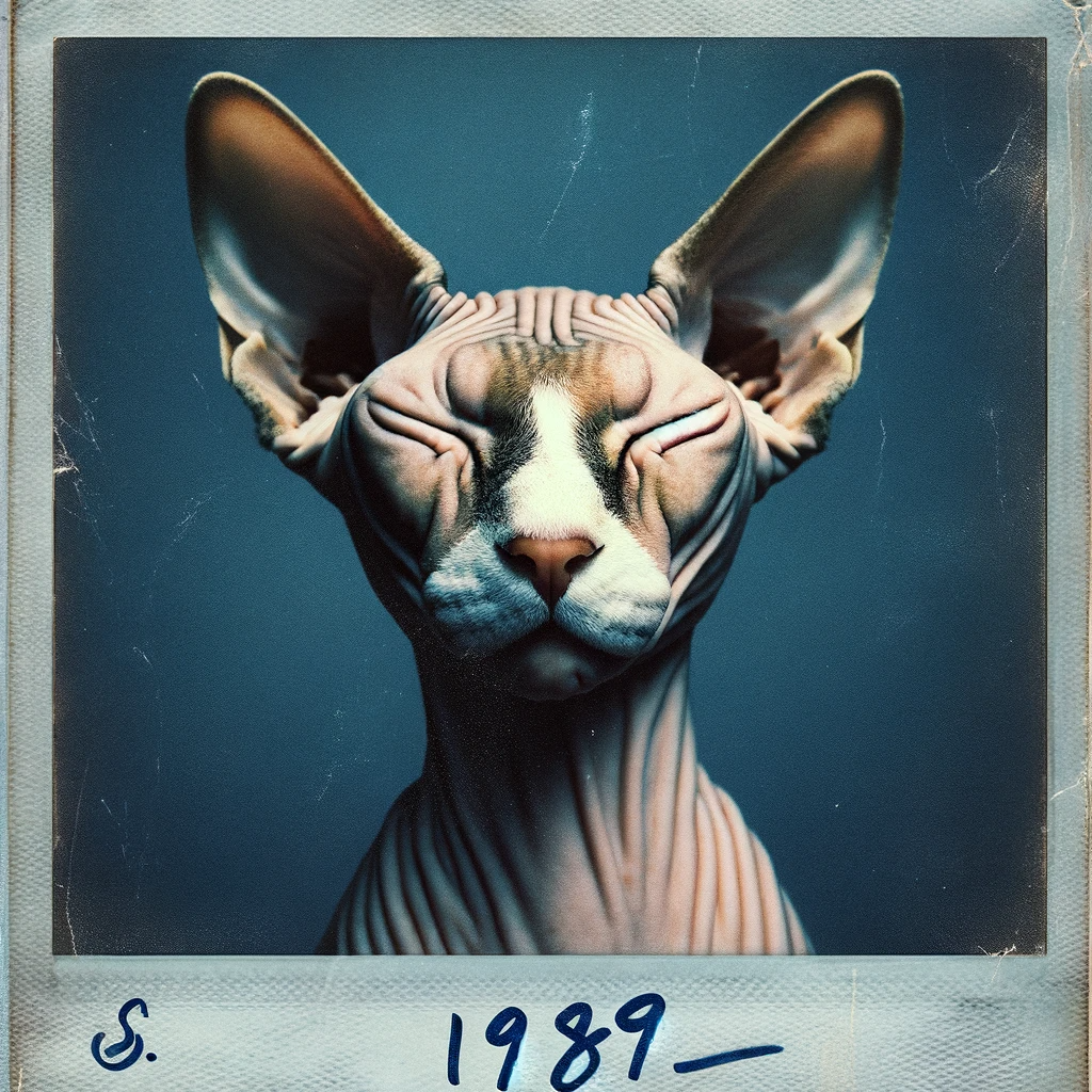 AI-generated image of a Sphynx cat inspired by Taylor Swift's "1989" album cover.