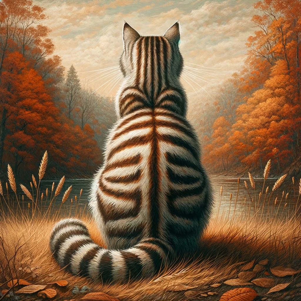 AI-generated image of a American Bobtail cat inspired by Taylor Swift's "Evermore" album cover.