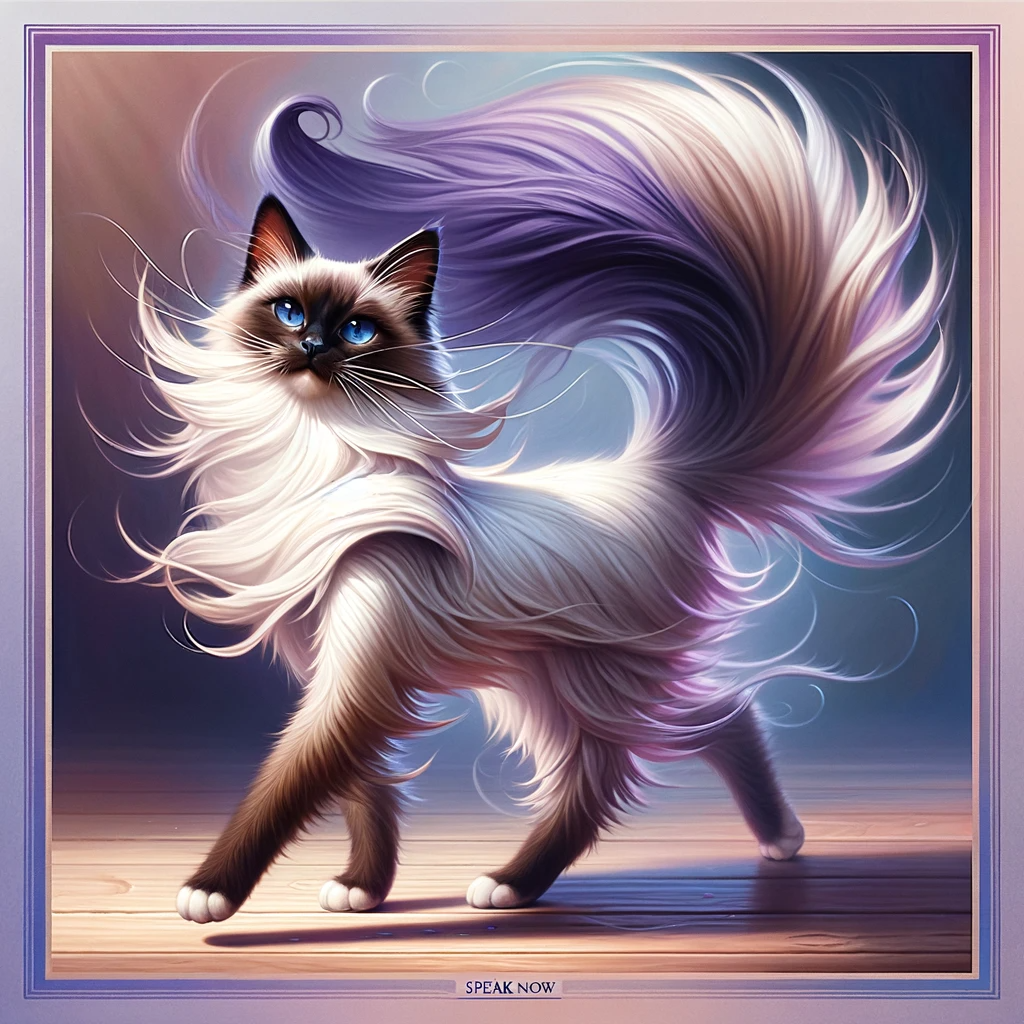 AI-generated image of a Balinese cat inspired by Taylor Swift's "Speak Now" album cover.