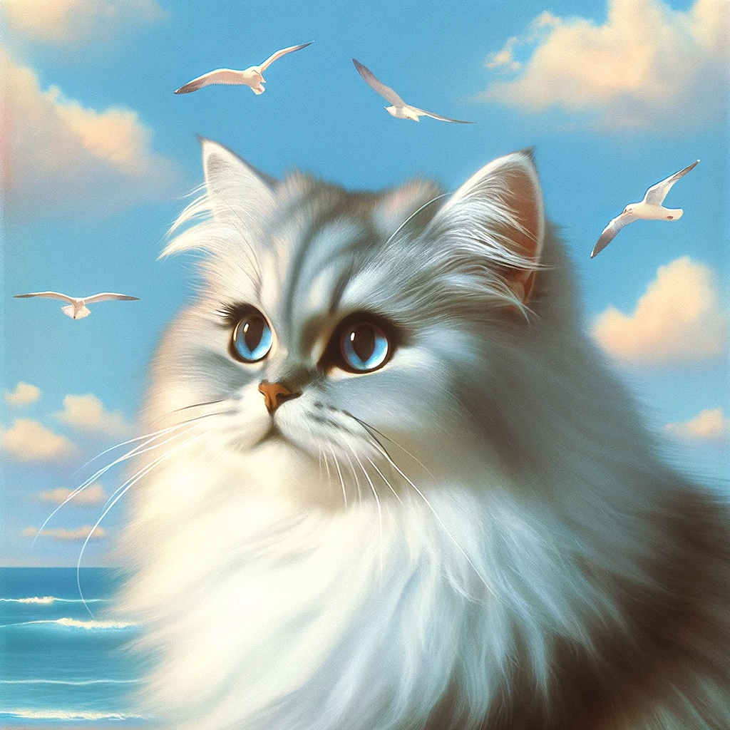 AI-generated image of a British Longhair cat inspired by Taylor Swift's "1989" album cover.