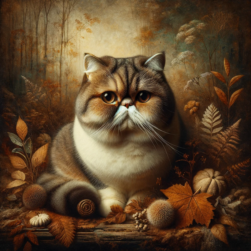 AI-generated image of a Exotic Shorthair cat inspired by Taylor Swift's "Evermore" album cover.