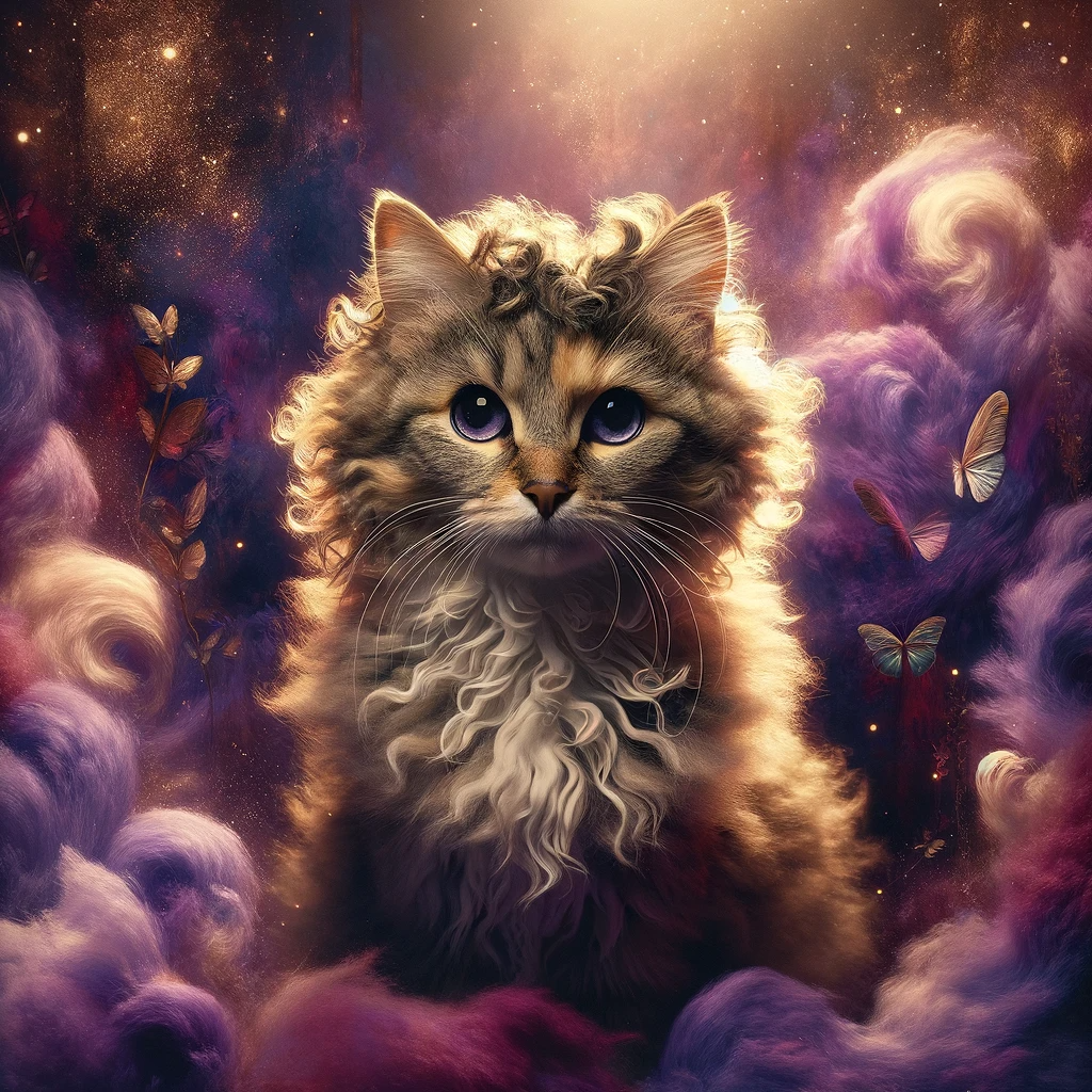 AI-generated image of a LaPerm cat inspired by Taylor Swift's "Speak Now (Taylor&#39;s Version)" album cover.