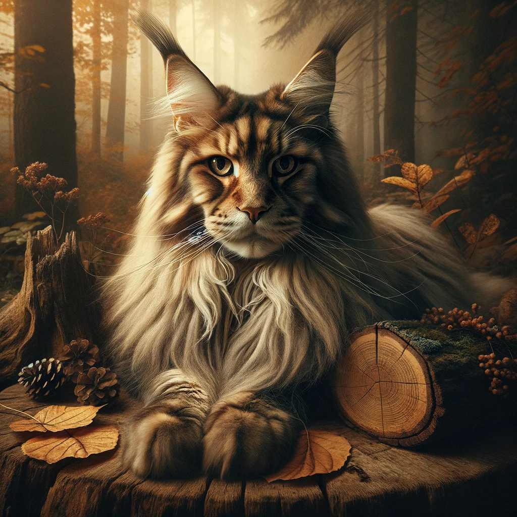AI-generated image of a Maine Coon cat inspired by Taylor Swift's "Evermore" album cover.