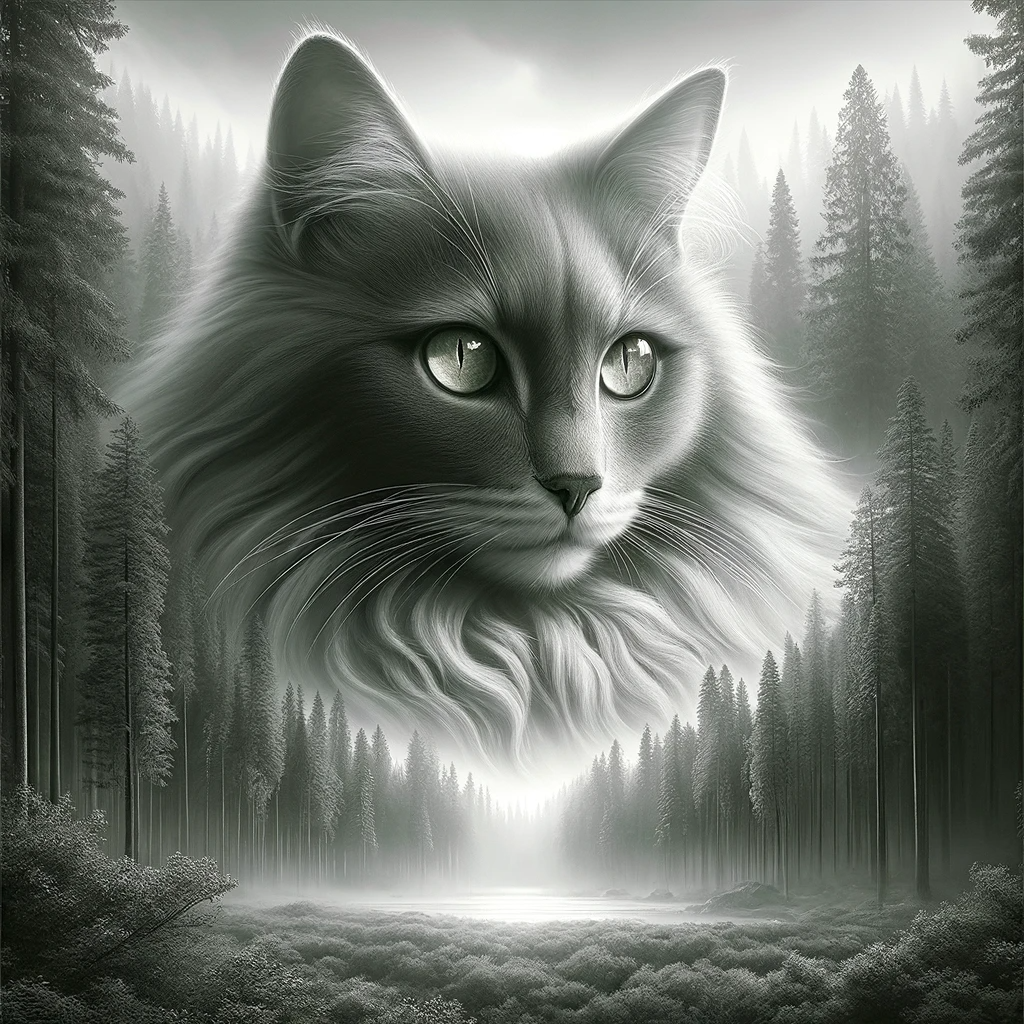 AI-generated image of a Nebelung cat inspired by Taylor Swift's "Folklore" album cover.