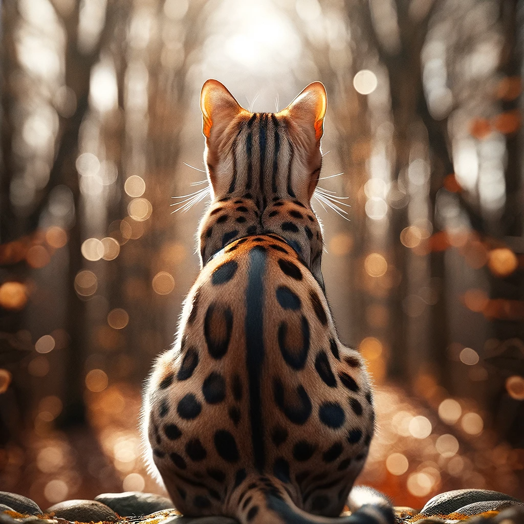 AI-generated image of a Ocicat cat inspired by Taylor Swift's "Evermore" album cover.