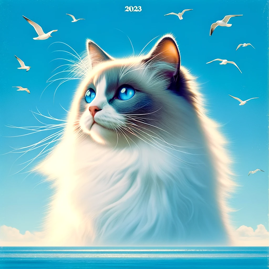 AI-generated image of a Ragdoll cat inspired by Taylor Swift's "1989 (Taylor&#39;s Version)" album cover.