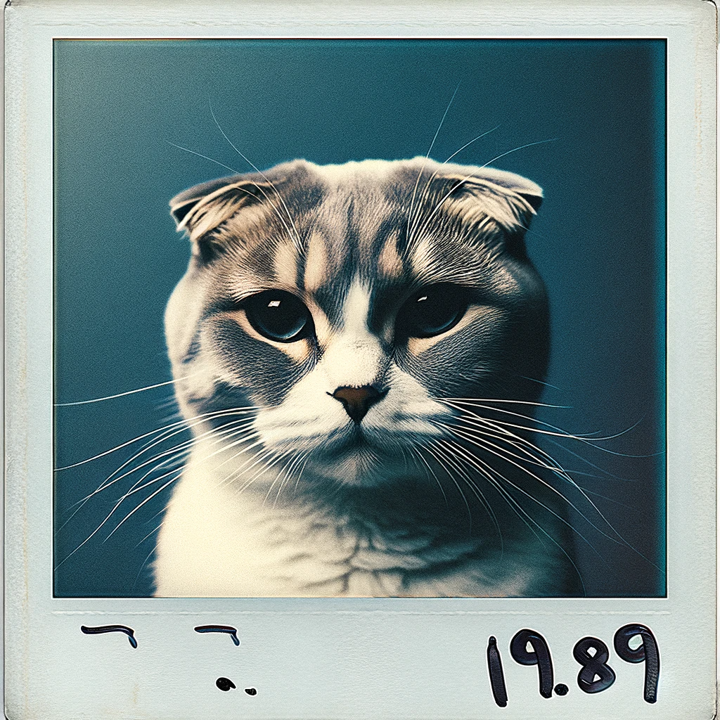 AI-generated image of a Scottish Fold cat inspired by Taylor Swift's "1989" album cover.