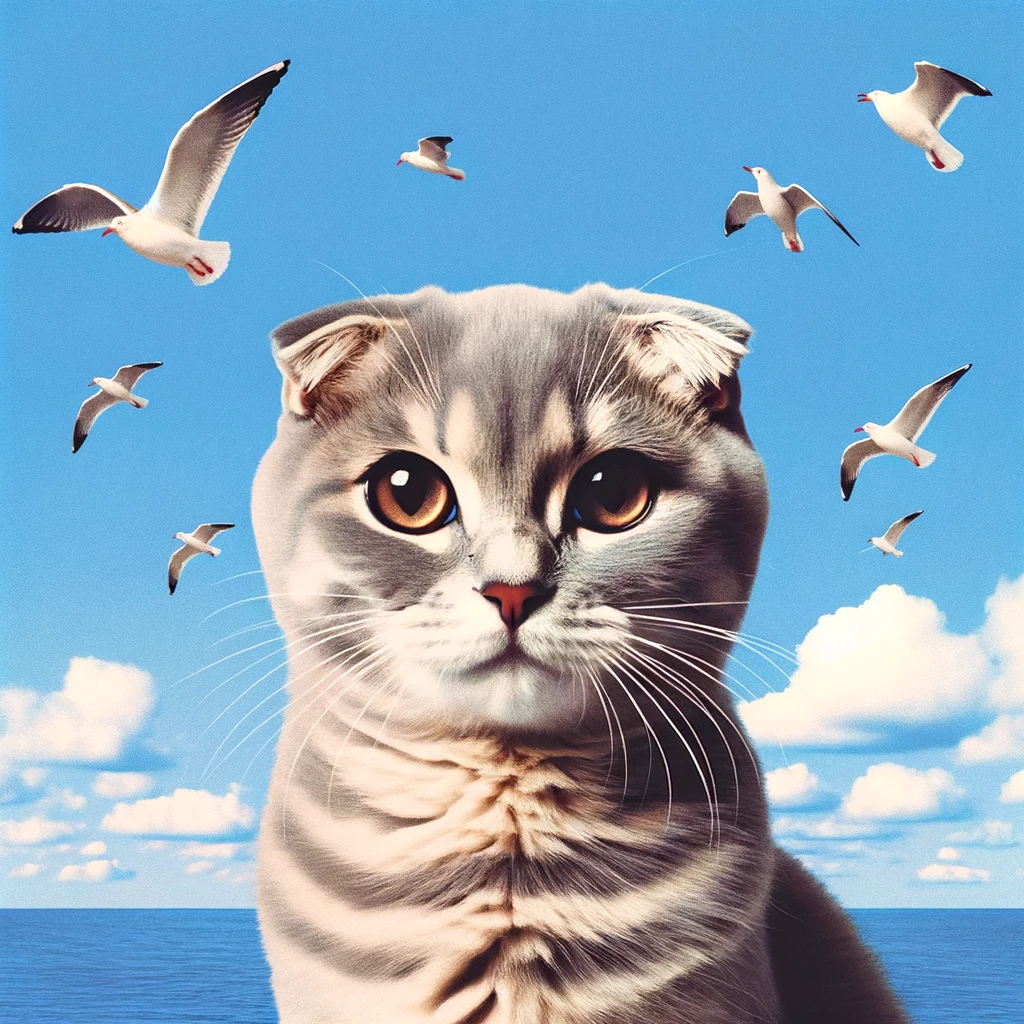 AI-generated image of a Scottish Fold cat inspired by Taylor Swift's "1989 (Taylor&#39;s Version)" album cover.