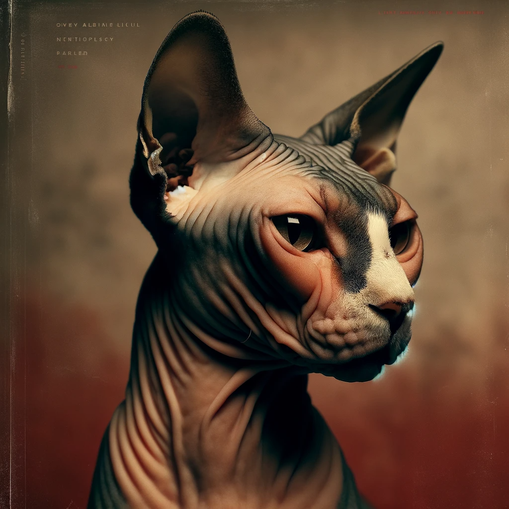 AI-generated image of a Sphynx cat inspired by Taylor Swift's "Red" album cover.